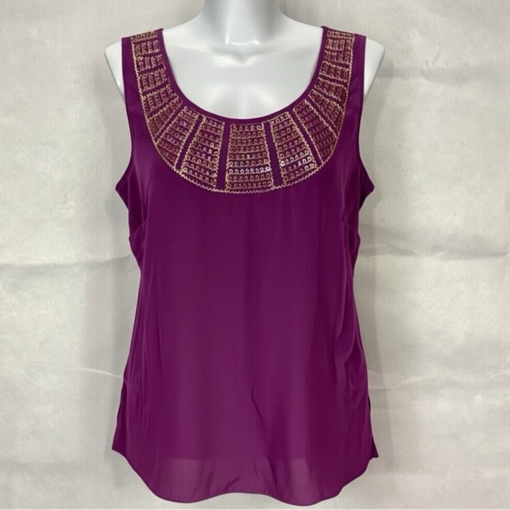 Ann Taylor LOFT Top L Sleeveless Blouse Shell Purple Embroidered Tunic Goddess